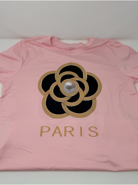 Tops - Pink Graphic Tee with Gold & Black Floral Emblem NWOT